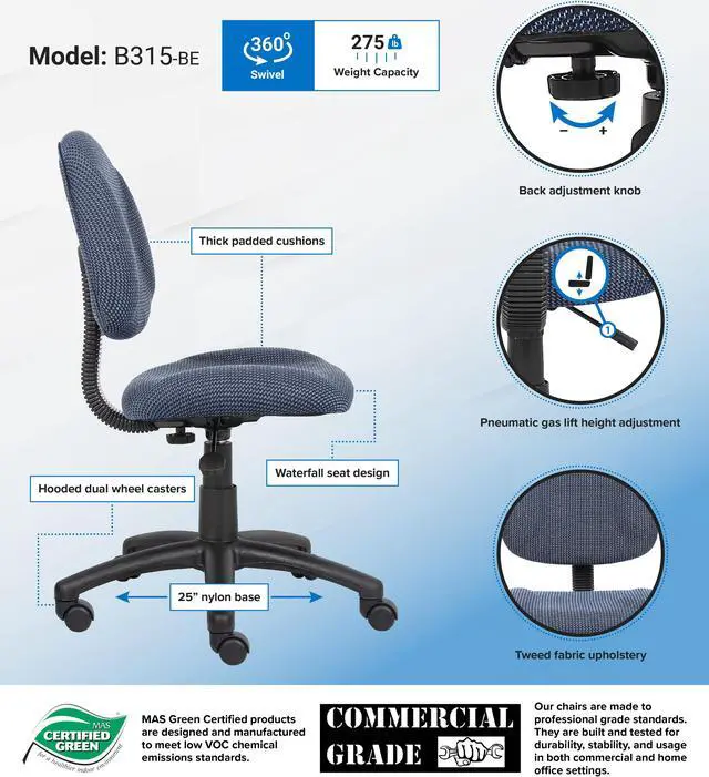 Alt view image 7 of 7 - BOSS Blue Perfect Posture Deluxe Office Task Chair without Arms (B315-BE)