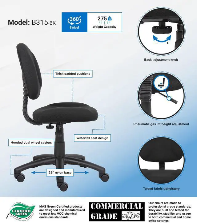 Alt view image 2 of 7 - BOSS Black Perfect Posture Deluxe Office Task Chair without Arms (B315-BK)