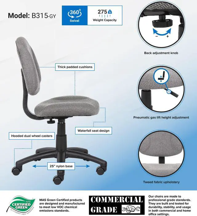Alt view image 7 of 7 - BOSS Grey Perfect Posture Deluxe Office Task Chair without Arms (B315-GY)