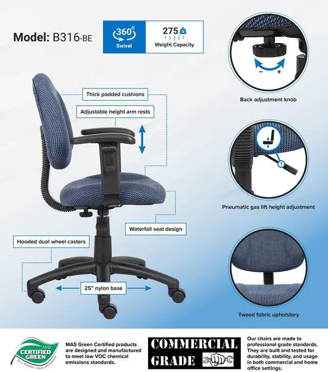 Alt view image 2 of 7 - BOSS Blue Perfect Posture Deluxe Office Task Chair with Adjustable Arms (B316-BE)