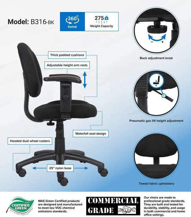 Alt view image 2 of 7 - BOSS Black Perfect Posture Deluxe Office Task Chair with Adjustable Arms (B316-BK)