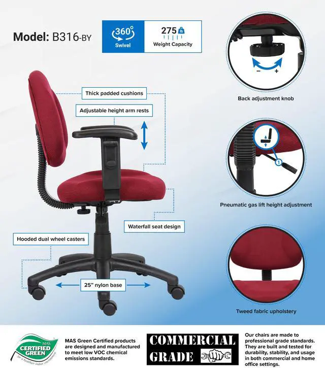 Alt view image 2 of 2 - BOSS Burgundy Perfect Posture Deluxe Office Task Chair with Adjustable Arms (B316-BY)