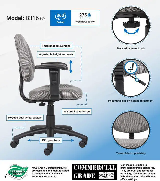 Alt view image 3 of 3 - BOSS Grey Perfect Posture Deluxe Office Task Chair with Loop Arms (B316-GY)