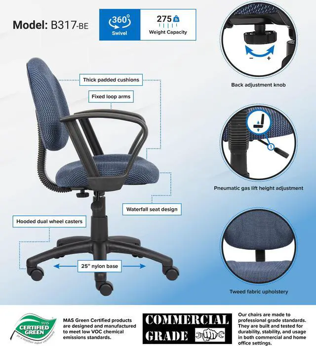 Alt view image 7 of 7 - BOSS Blue Perfect Posture Deluxe Office Task Chair with Loop Arms (B317-BE)