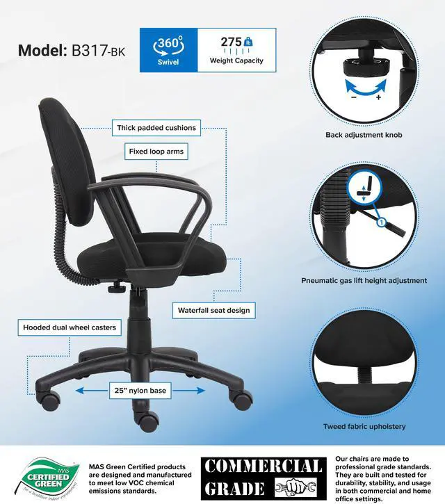 Alt view image 2 of 8 - BOSS Black Perfect Posture Deluxe Office Task Chair W/ Loop Arms (B317-BK)