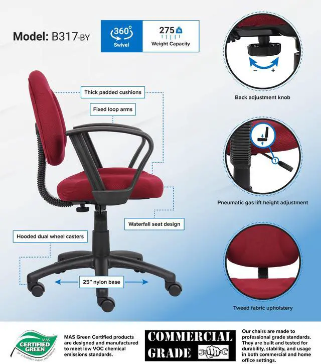 Alt view image 2 of 2 - BOSS Office Product Perfect Posture Deluxe Office Task Chair with Loop Arms, Burgundy (B317-BY)