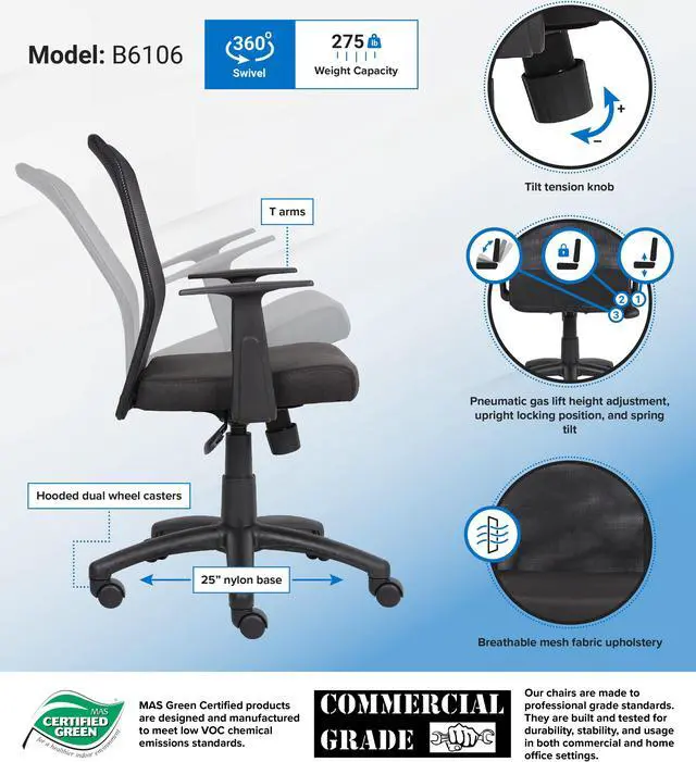 Alt view image 7 of 7 - BBOSS Budget Mesh Task Chair W/ T-Arms (B6106)