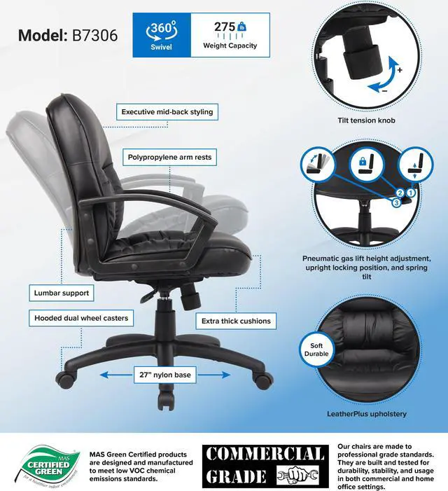 Alt view image 2 of 2 - BOSS Mid Back LeatherPlus Chair (B7306)
