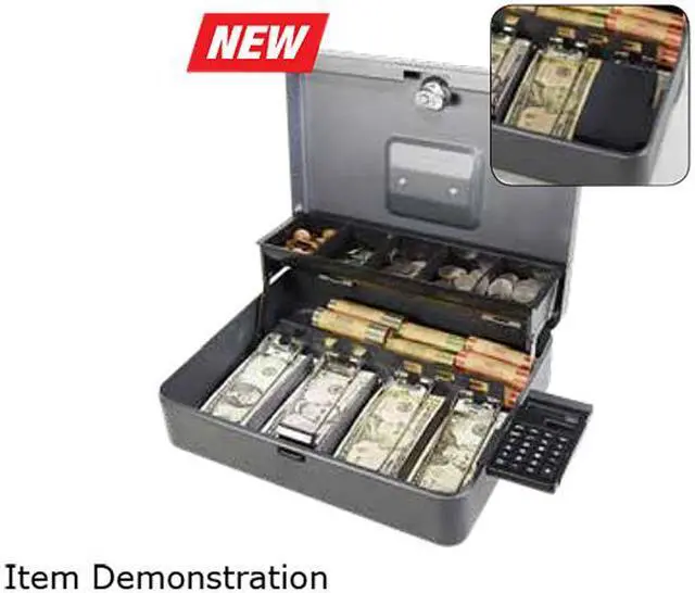 Alt view image 2 of 2 - MMF Industries 2216194GC2 Tiered Tray Cash Box with Calculator, 11-13/16" x 3-3/16" x 9-7/16" - Gray