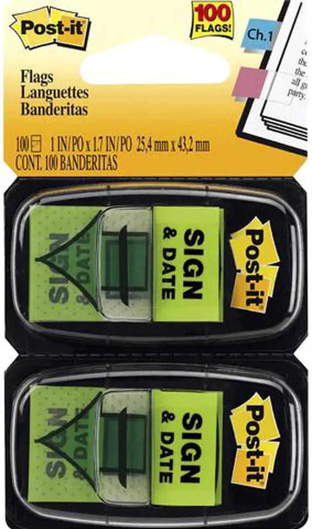 Main image of Post-it 680-SD2 Message Flags Sign & Date Bright Green 25mm x 44mm 100 Flags, 2 packs of 50
