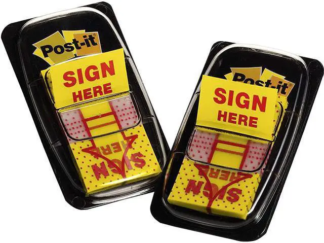 Main image of Post-it 680-SH2 Message Flags, "Sign Here", Yellow, 1 in Wide, 50/Dispenser, 2/Pack