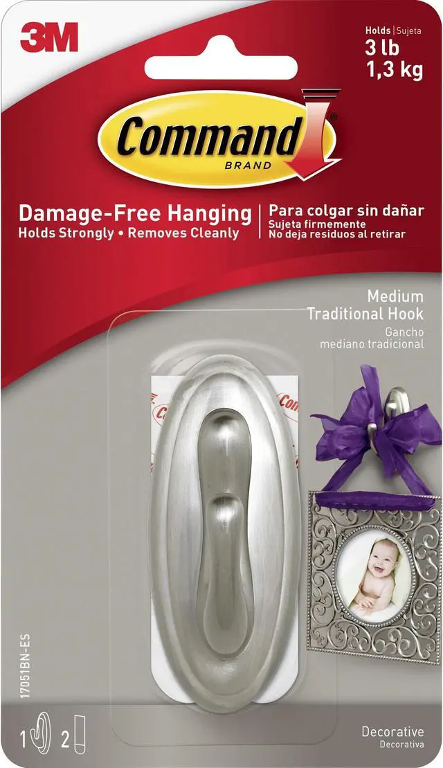 Main image of Command 17051BNES Medium Traditional Hook, Brushed Nickel