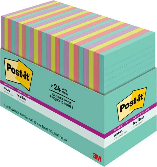 Main image of 3M 66024SSMIACP Super Sticky 4" x 6" List Notes, Rectangle, 45 Sheets per Pad, Multicolor, Sticky, 24 / Pack
