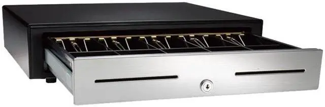 Alt view image 4 of 4 - APG Vasario Series Standard Duty Cash Drawer, 19” x 15”, Dual Media Slots, Multipro 24V, Fixed 5X5 Till, Stainless Steel Front, Black, Requires Cable - VBS320-BL1915