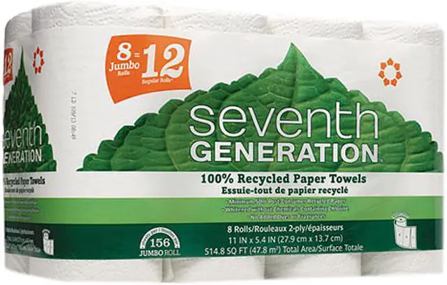 Main image of Seventh Generation 13739PK 100% Recycled Paper Towel Rolls, 2-Ply, White, 156 Sheets/Roll, 8 Rolls/Pack