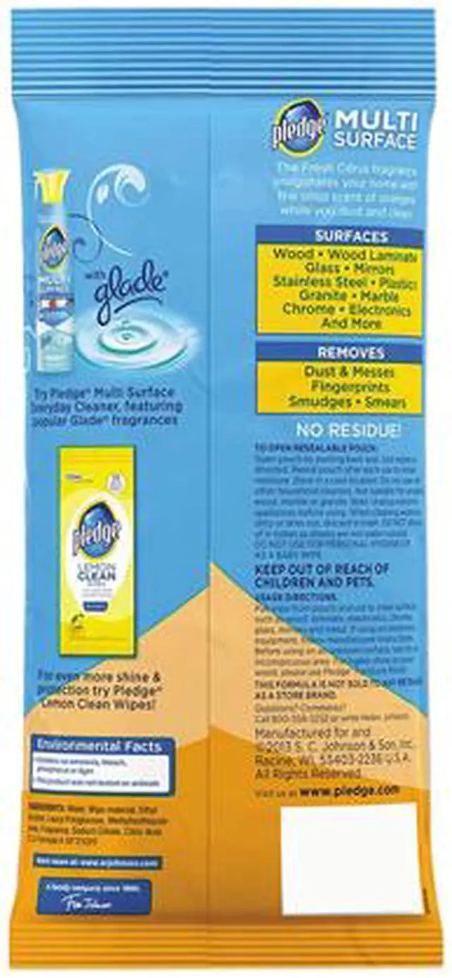 Alt view image 3 of 3 - Pledge 319249 Multi-Surface Cleaner Wet Wipes, Cloth, Fresh Citrus, 7" x 10", 25/Pack, 12/Carton