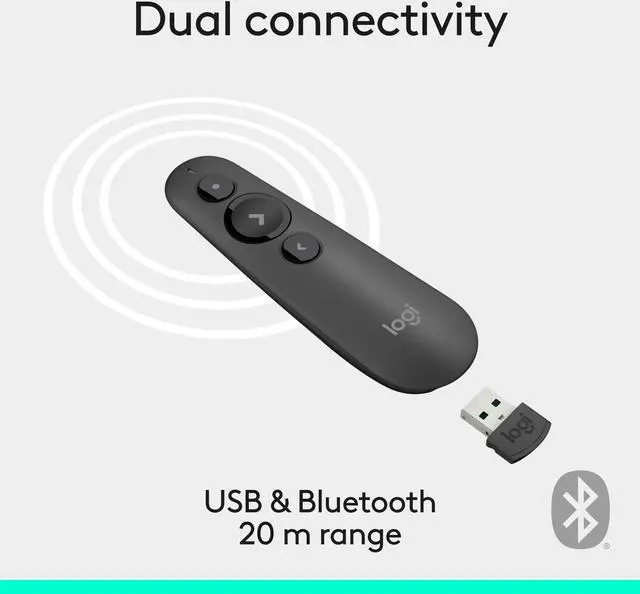 Alt view image 4 of 8 - Logitech R500s Laser Presentation Remote, Bluetooth, USB-A Receiver, Presentation Clicker with Laser Pointer (Class 1) for Powerpoint, Keynote, Google Slides, for Windows/MacOS