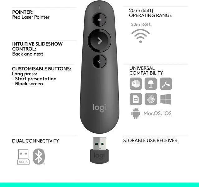 Alt view image 6 of 8 - Logitech R500s Laser Presentation Remote, Bluetooth, USB-A Receiver, Presentation Clicker with Laser Pointer (Class 1) for Powerpoint, Keynote, Google Slides, for Windows/MacOS