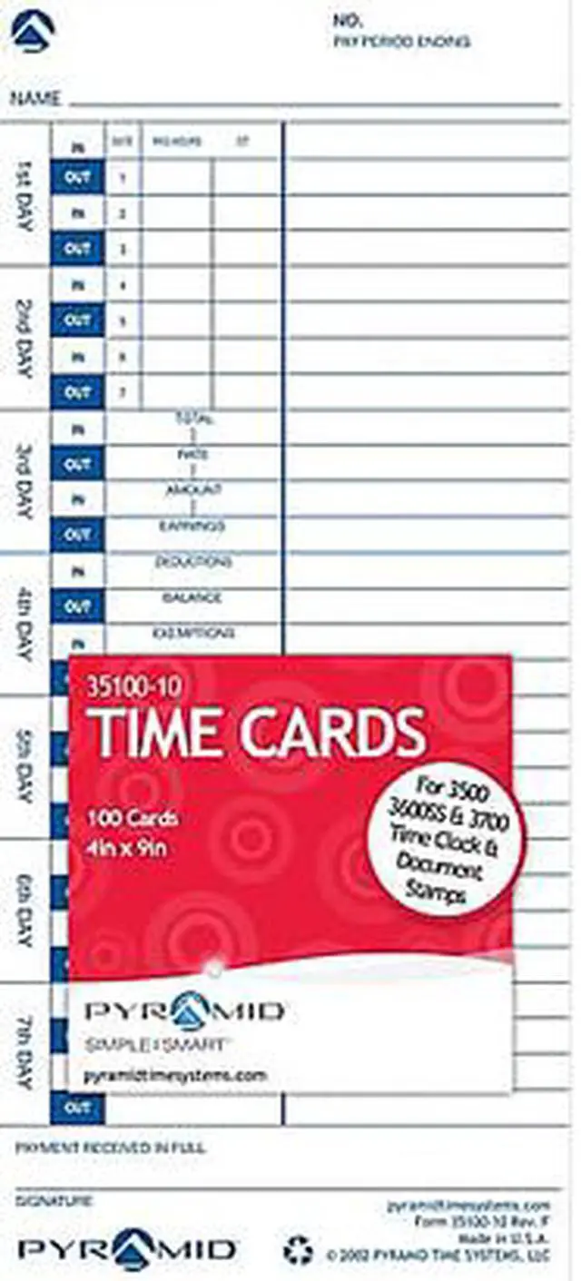Alt view image 4 of 5 - Pyramid Time Systems 35100-10F Genuine Time Cards for Use with All Side-Loading Time Clocks (Pack of 100)