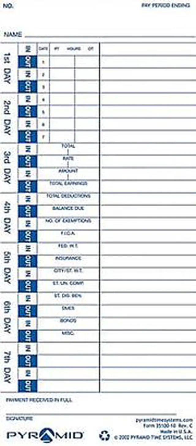 Alt view image 2 of 5 - Pyramid Time Systems 35100-10F Genuine Time Cards for Use with All Side-Loading Time Clocks (Pack of 100)