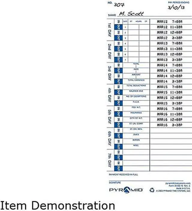Alt view image 3 of 5 - Pyramid Time Systems 35100-10F Genuine Time Cards for Use with All Side-Loading Time Clocks (Pack of 100)