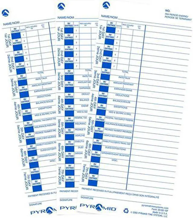 Main image of Pyramid Time Systems 35100-10F Genuine Time Cards for Use with All Side-Loading Time Clocks (Pack of 100)