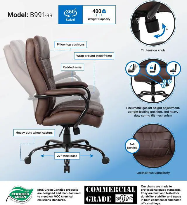 Alt view image 8 of 8 - Boss B991-BB Heavy Duty Double Plush LeatherPlus Chair-400 Lbs, 33.5" x 31"x 43", LeatherPlus - Bomber Brown