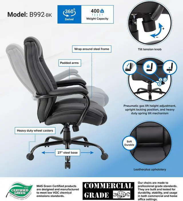 Alt view image 4 of 4 - Boss Office Supplies B992-BK Heavy Duty Executive Chair