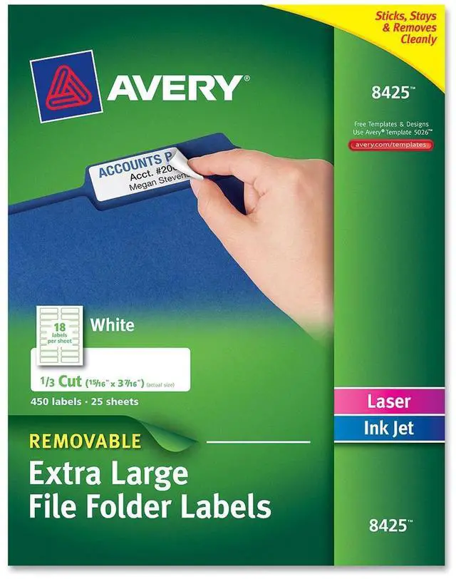 Alt view image 2 of 2 - Avery Removable Extra-Large File Folder Labels, Sure Feed Technology, Removable Adhesive, White, 0.94" x 3.44", 450 Labels (8425)