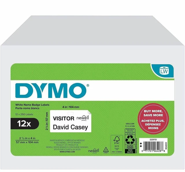 Alt view image 3 of 3 - Dymo Multipurpose White Medium Labels - DiameterRoll - Direct Thermal - White - 250 / Roll - 3000 Total Label(s) - For Label Printer - 12/Pack - 2229751