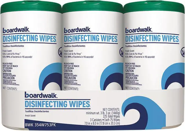 Main image of Boardwalk BWK454W753PK Disinfecting Wipes, 8" x 7", Fresh Scent, 75/Canister, 3 Canisters/Pack