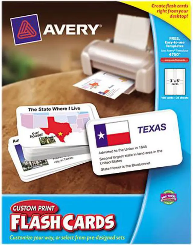 Main image of Avery 4750 Custom Print Flash Cards, 3" x 5", 100 Cards