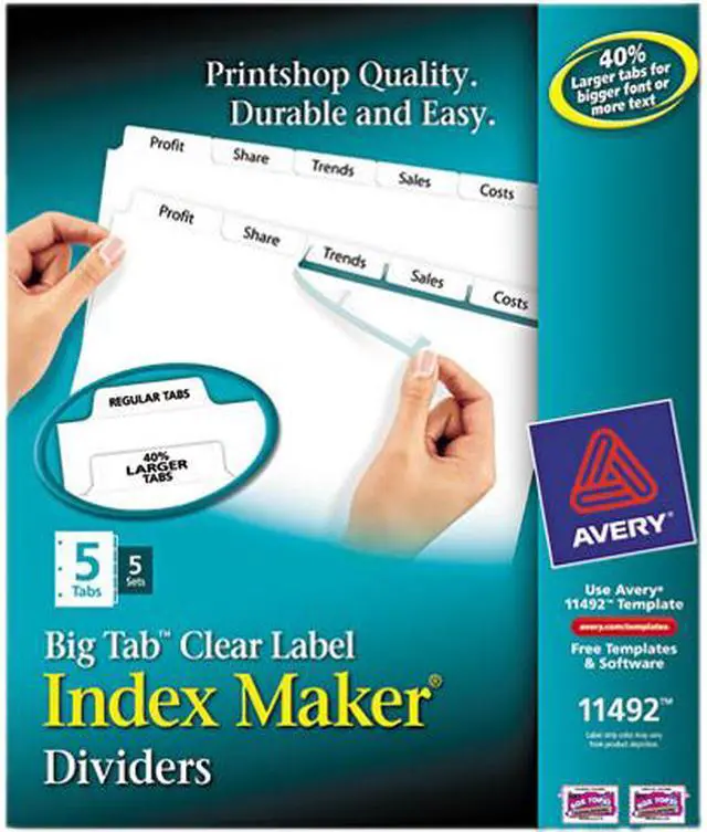 Main image of Avery 11492 Big Tab Index Maker Clear Label Dividers, 5-Tab, 5 Sets, White