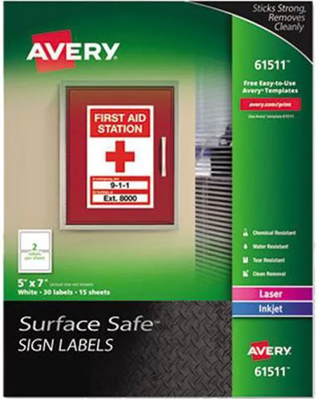 Main image of Avery 61511 (7278261511) Surface Safe Sign Labels, 5.00" x 7.00", Removable Adhesive, Water & Chemical Resistant, Pack of 30