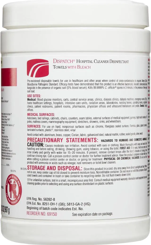 Alt view image 2 of 4 - Clorox Dispatch Cleaner Disinfectant Towels, 6.75 x 8, Unscented, 150/Canister, 8 Canisters/Carton CLO69150CT
