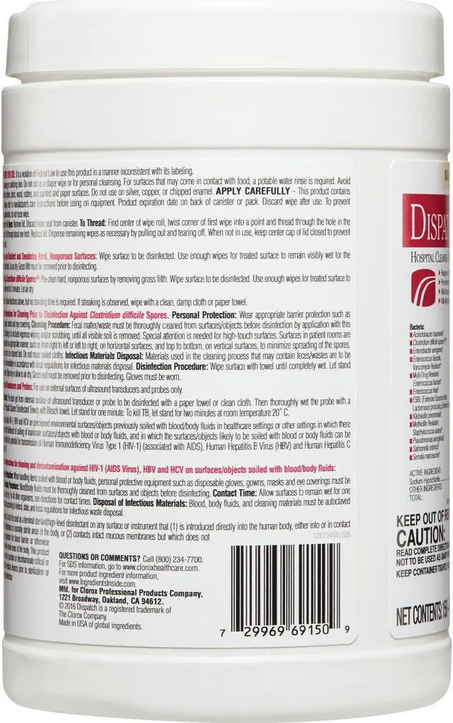 Alt view image 3 of 4 - Clorox Dispatch Cleaner Disinfectant Towels, 6.75 x 8, Unscented, 150/Canister, 8 Canisters/Carton CLO69150CT
