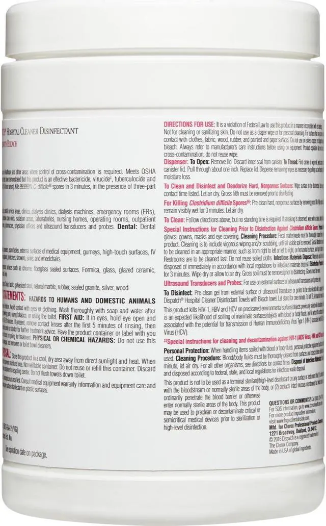 Alt view image 4 of 4 - Clorox Dispatch Cleaner Disinfectant Towels, 6.75 x 8, Unscented, 150/Canister, 8 Canisters/Carton CLO69150CT