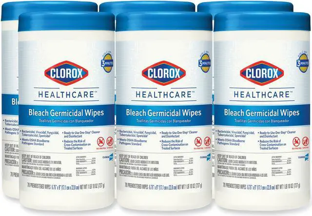 Alt view image 2 of 2 - Clorox Bleach Germicidal Wipes, 6.75 x 9, Unscented, 70/Canister -6/CT 35309
