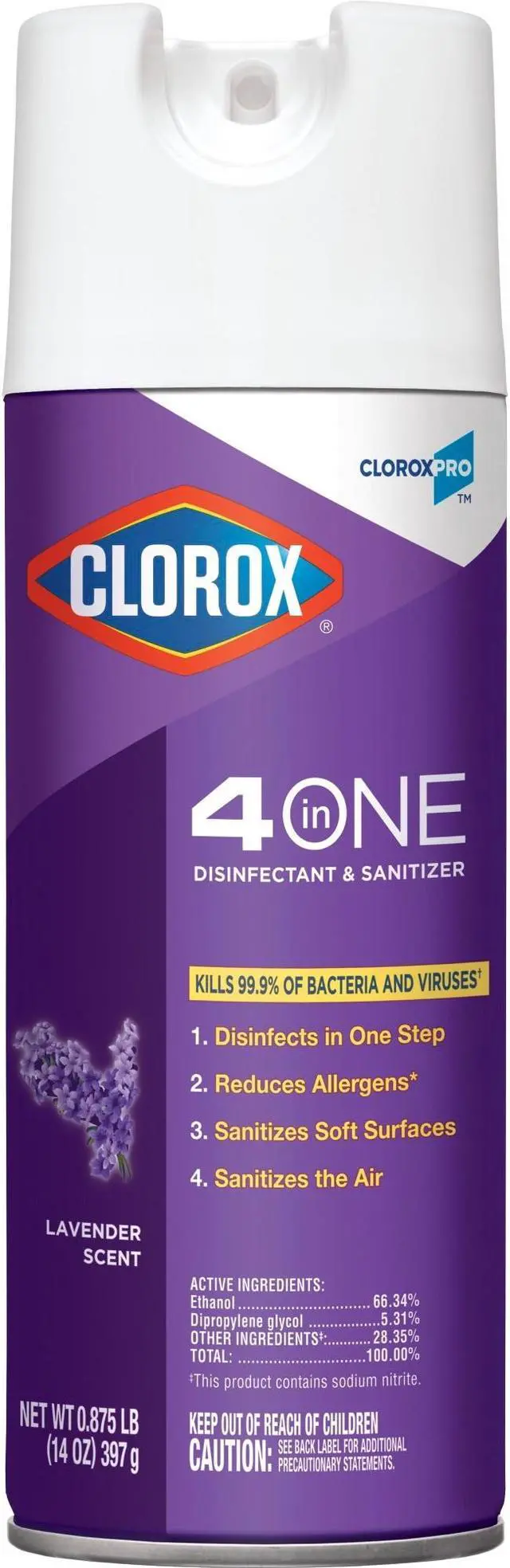 Main image of Clorox 4 in One Disinfectant & Sanitizer Ready-To-Use Spray - Lavender Scent - 14 fl oz (0.4 quart) - 12/Carton 32512CT