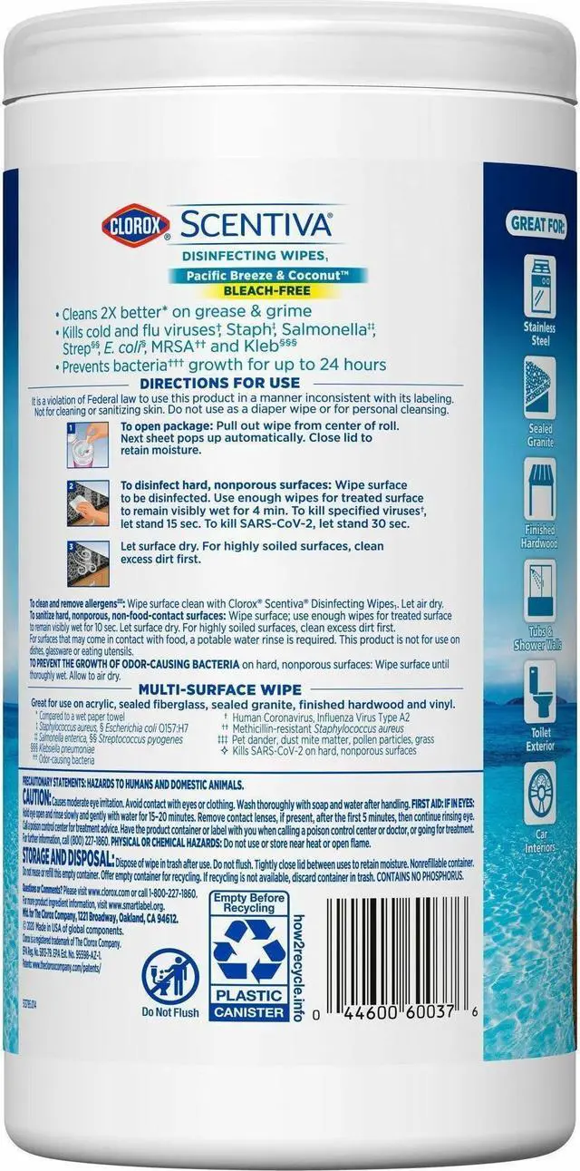 Alt view image 2 of 4 - Clorox Scentiva Wipes, Bleach Free Cleaning Wipes - 75Wipes/Canister  60037