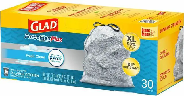 Alt view image 2 of 5 - Glad ForceFlexPlus X-Large Kitchen Drawstring Bags - Fresh Clean with Febreze Freshness - 6Box/Carton - 30 Per Box  78913CT