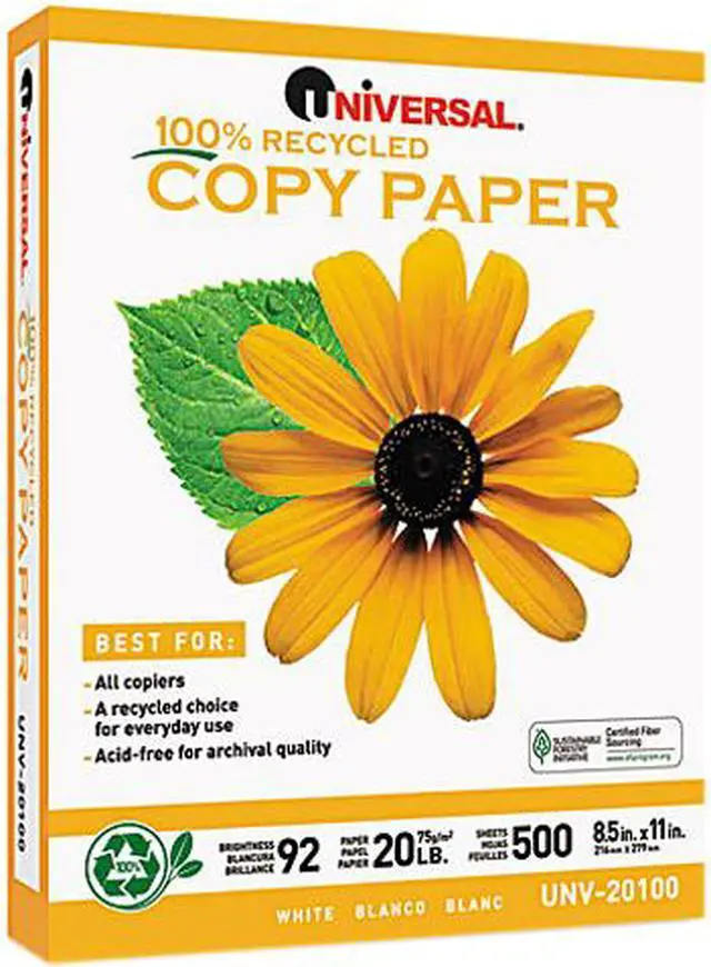 Main image of Universal UNV20100 100% Recycled Copy Paper, 92 Brightness, 20 lbs., 8.50" x 11.00", White, 5000 Shts / Ctn