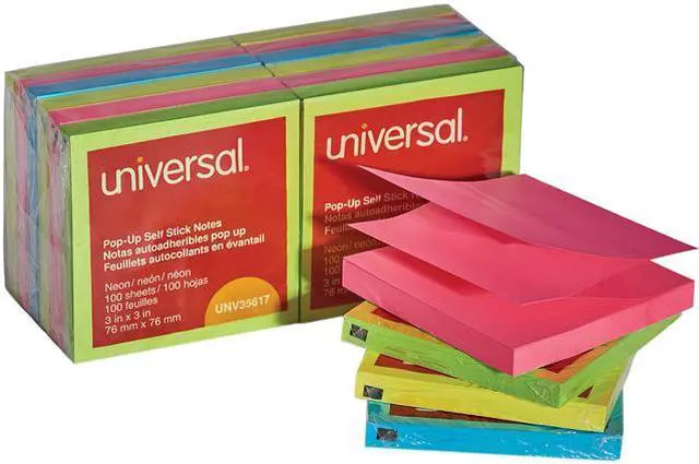 Main image of Universal UNV35617 Fan-Folded Self-Stick Pop-Up Notes, 3 x 3, Assorted Neon/Yellow, 100Sheet, 12/PK