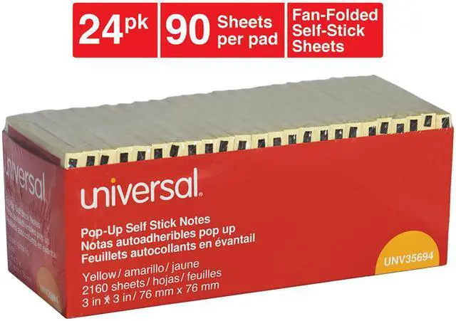 Main image of Universal UNV35694 Fan-Folded Self-Stick Pop-Up Note Pads, 3" x 3", Yellow, 90-Sheet, 24/Pack