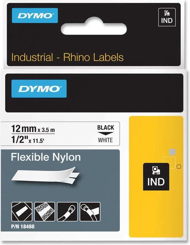 Main image of DYMO Rhino Label Tape, 12mm (1/2") Black on White Nylon