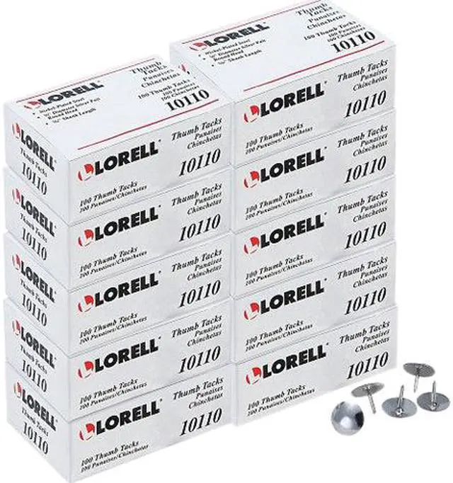 Main image of Lorell 10110BX Steel Thumb Tacks - 0.31" Shank - 0.38" Head - for Schedule, Wall - 1000 / Box - Silver
