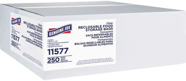 Main image of Genuine Joe 11577CT Food Storage Bags, 1 gal - 1.75 mil (44 Micron) Thickness - Clear - 2000/Carton - Food, Beef, Vegetables, Seafood, Poultry