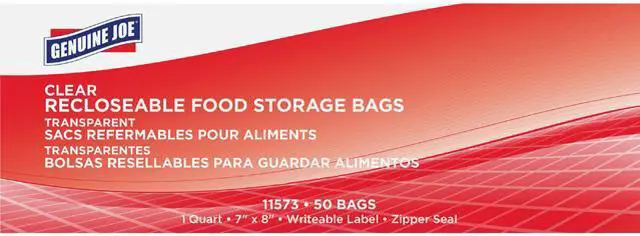 Main image of Genuine Joe 11573CT Food Storage Bags, 1 quart - 1.75 mil (44 Micron) Thickness - Clear - 450/Carton - Food, Beef, Seafood, Poultry, Vegetables