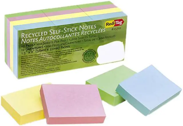 Main image of Redi-Tag 25701 100% Recycled Notes, 1 1/2 x 2, Four Pastel Colors, 12 100-Sheet Pads/Pack