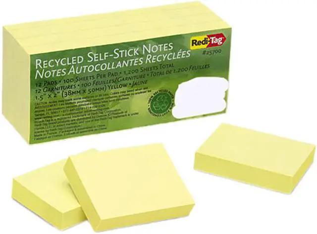Main image of Redi-Tag 25700 100% Recycled Notes, 1 1/2 x 2, Yellow, 12 100-Sheet Pads/Pack
